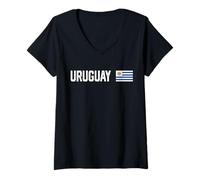 Women's Uruguay National Flag Retro Distressed Patriotic Graphic V-Neck T-Shirt