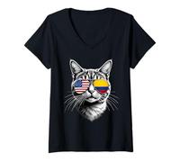 Womens US Colombian Cat Sunglasses Design Colombia USA Flag V-Neck T-Shirt