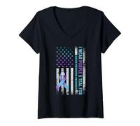 Womens US Flag I Wear Purple and Teal Suicide Prevention Awareness V-Neck T-Shirt