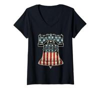 Womens US Flag Liberty Bell 4th of July Patriotic Bell V-Neck T-Shirt