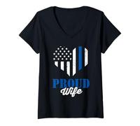 Women's US Flag | Thin Blue Line Heart | Police Officer | Proud Wife V-Neck T-Shirt