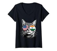 Womens US Indian Cat Sunglasses Design India USA Flag V-Neck T-Shirt
