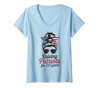 Womens USA 4th of July Raising Patriotic Mom Messy Bun V-Neck T-Shirt