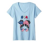 Womens USA, American Flag, USA Girl, American Women Girls V-Neck T-Shirt