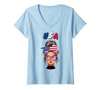 Womens USA, American Flag, USA Girl, American Women Girls V-Neck T-Shirt