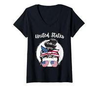 Womens USA, American Flag, USA Girl, American Women Girls V-Neck T-Shirt