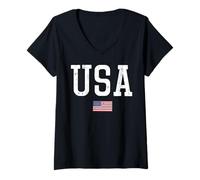 Womens USA American Flag Vintage 4th of July Women Men Kids Youth V-Neck T-Shirt
