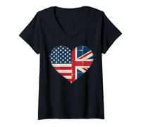 Womens USA American UK Heart Flag Dual Citizenship V-Neck T-Shirt