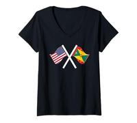 Women's USA and Grenada Crossed Flags Dual Roots V-Neck T-Shirt