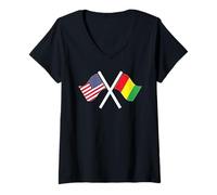 Women's USA and Guinea Crossed Flags Dual Roots V-Neck T-Shirt