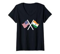 Women's USA and India Crossed Flags Dual Roots V-Neck T-Shirt