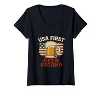 Womens USA First, Beer Second - Cheers Brew Funny Design V-Neck T-Shirt
