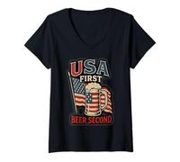 Womens USA First, Beer Second - Cheers Brew Funny Design V-Neck T-Shirt