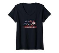 Womens USA Flag American Triathlon Triathlete Inspired Design V-Neck T-Shirt