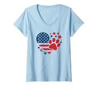 Womens USA Flag Heart with Paw Prints and Stars Patriotic Pet Lover V-Neck T-Shirt