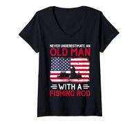 Women's USA Flag Never Underestimate an Old Man with A Fishing Rod V-Neck T-Shirt