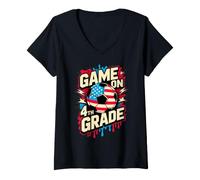 Women's USA Game ON 4TH Grade Soccer Hello First Day Teacher America V-Neck T-Shirt