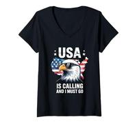 Womens USA is Calling and I Must Go Bald Eagle Patriotic V-Neck T-Shirt