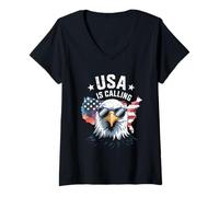 Womens USA is Calling Bald Eagle American Flag USA Map V-Neck T-Shirt