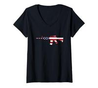 Womens USA Patriotic AR-15 Rifle with American Flag Overlay Design V-Neck T-Shirt