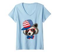 Womens USA Patriotic Raccoon 4th Of July Independence Day V-Neck T-Shirt