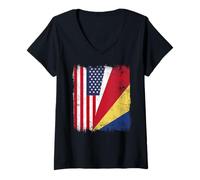 Women's USA Seychelles Half Flag American Seychellois Pride V-Neck T-Shirt