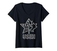 Womens USEH Funny USA flag Canada flag Half Canadian American V-Neck T-Shirt