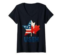 Womens USEH Funny USA flag Canada flag Half Canadian American V-Neck T-Shirt