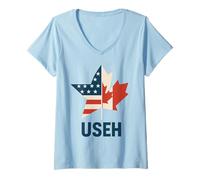 Womens USEH Funny USA flag Canada flag Half Canadian American V-Neck T-Shirt