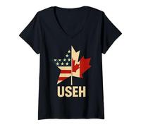 Womens USEH Funny USA flag Canada flag Half Canadian American V-Neck T-Shirt