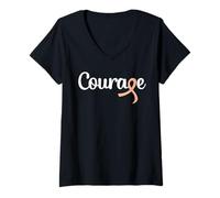 Womens Uterine Cancer Womb Cancer Awareness Peach Ribbon Courage V-Neck T-Shirt