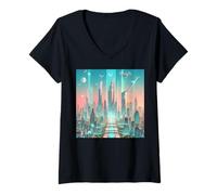 Womens Utopia 2099 Design Dream Future City V-Neck T-Shirt