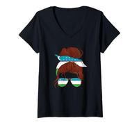Womens Uzbekistan Flag Uzbek Roots Messy Hair Bun Girl Uzbek Flag V-Neck T-Shirt