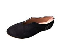 Women's V Cut Slip on Flat Loafers with Soft Sole, Shallow Casual Ballet Pumps for Office or Daily Wear, Comfortable Faux Suede Flats with Decorative Buckle, Non Slip Sole Black