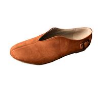 Women's V Cut Slip on Flat Loafers with Soft Sole, Shallow Casual Ballet Pumps for Office or Daily Wear, Comfortable Faux Suede Flats with Decorative Buckle, Non Slip Sole Brown