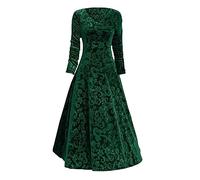 Women's V-elvet Brocade Midi Dress, Long Sleeve Off Shoulder Fit & Flare Floral Pattern Elegant Formal Evening Party Wedding Guest Retro Vintage Dress(Green, M)