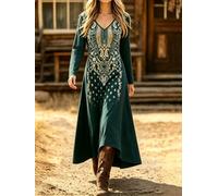 Women's V-Neck 3/4 Sleeve Western Bohemian Print Loose Maxi Dress | Soft lightweight fabric keeps you comfortable all-day for boho-themed occasions and casual daily styling