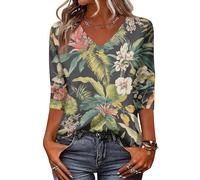 Womens V Neck 34 Sleeve Top with Tropical Leaf Print Relaxed Fit Lightweight Blouse for Casual Daily Wear Dark Blue 3XL