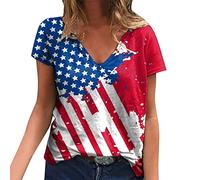Womens V Neck American Flag T Shirts Short Sleeve USA Star Stripes Print 4th July Tees Casual Patriotic Tops Red