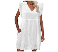 Women's V Neck Beach Dress, Bohemian Sleeveless Ruffle Lace Hollow Out Solid Color Classic Breathable Casual Loose Dress with Pockets Elegant Trendy Summer Everyday Dress