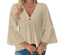 Women's V-Neck Bell Sleeve Shirt Solid Color Single Button Pleated Top Summer Beach Vacation Casual Wear Size S-XXL(Apricot M)