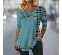 Women's V Neck Blouse Long Sleeve Checkered Print Top Elegant Loose for Fit Shirt for Office Work Daily Wear Spring Autumn(A 3XL)