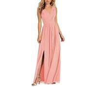 Women's V Neck Bridesmaid Dresses Long Chiffon Pleated A-Line Formal Evening Gown with Slit Peach UK10
