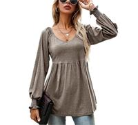 Women's V-Neck Bubble Long Sleeve Tunic T-Shirt Floral Tunic Blouses Dressy Casual Curved Hem Tops Basic Tees, Coffee, Large