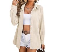 Womens V Neck Button Down Linen Shirts Casual Solid Work Plain Tops Wave Textured Basic Formal Dress Shirt Long Sleeve Stretch Blouses Apricot L