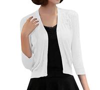 Womens V Neck Cardigan Fine Knit Lace Panel Detail, Ladies Spring Soft Knitted Three Quarter Sleeve Button Front, Cropped Openwork Texture Plain Colour Design, Gallery Cafe Late Afternoon White