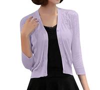 Womens V Neck Cardigan Fine Knit Lace Panel Detail, Ladies Spring Soft Knitted Three Quarter Sleeve Button Front, Cropped Openwork Texture Plain Colour Design, Gallery Cafe Late Afternoon Purple