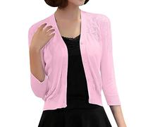 Womens V Neck Cardigan Fine Knit Lace Panel Detail, Ladies Spring Soft Knitted Three Quarter Sleeve Button Front, Cropped Openwork Texture Plain Colour Design, Gallery Cafe Late Afternoon Pink