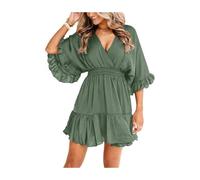 Women's V Neck Casual Dresses Summer Loose High Waist Ruffle Pleated Cute Mini Short Dress