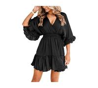 Women's V Neck Casual Dresses Summer Loose High Waist Ruffle Pleated Cute Mini Short Dress